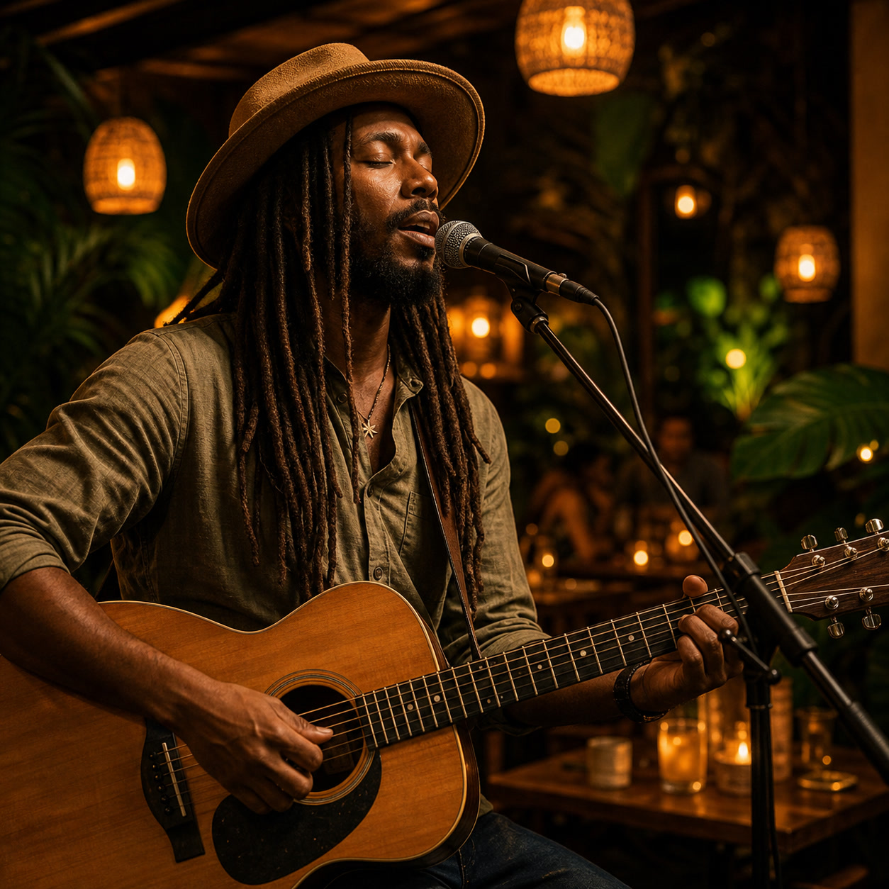 Singer performing live music at night