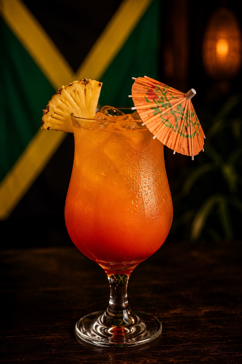 Tropical rum cocktail with pineapple garnish and umbrella