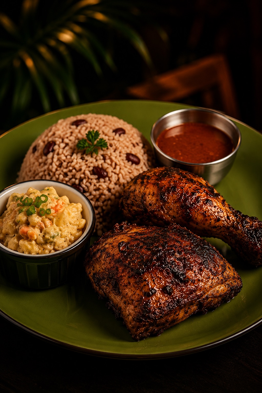 Jerk chicken plate with rice and peas, sauce, and creamy side