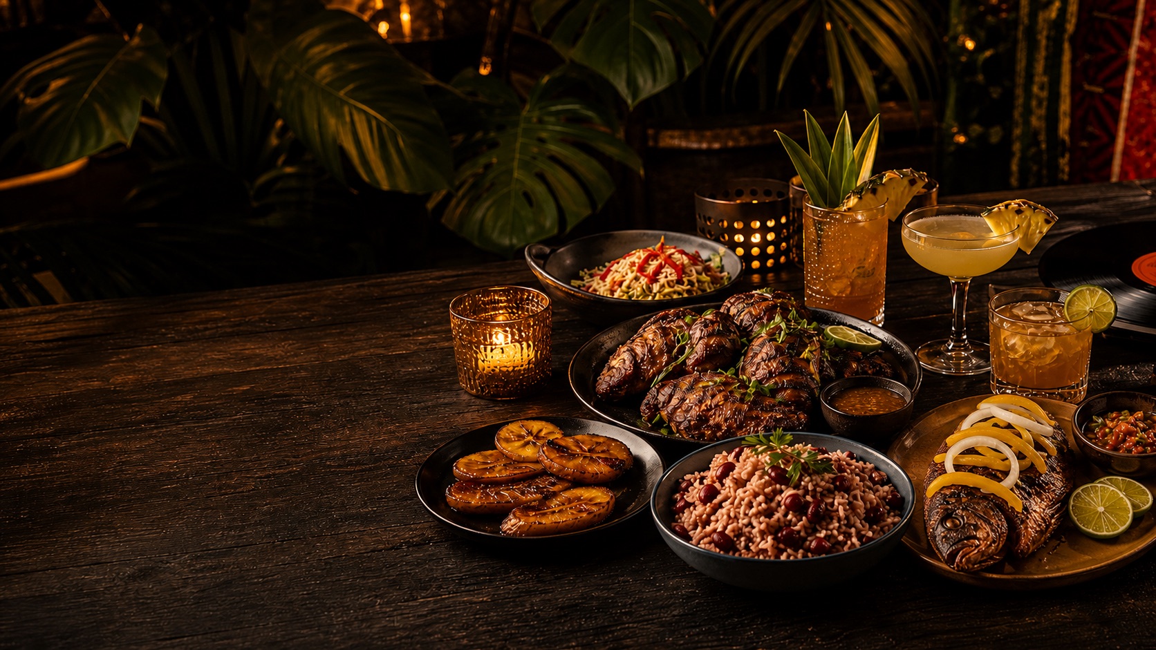 Dark wooden table with Jamaican food, cocktails, candlelight and vinyl records