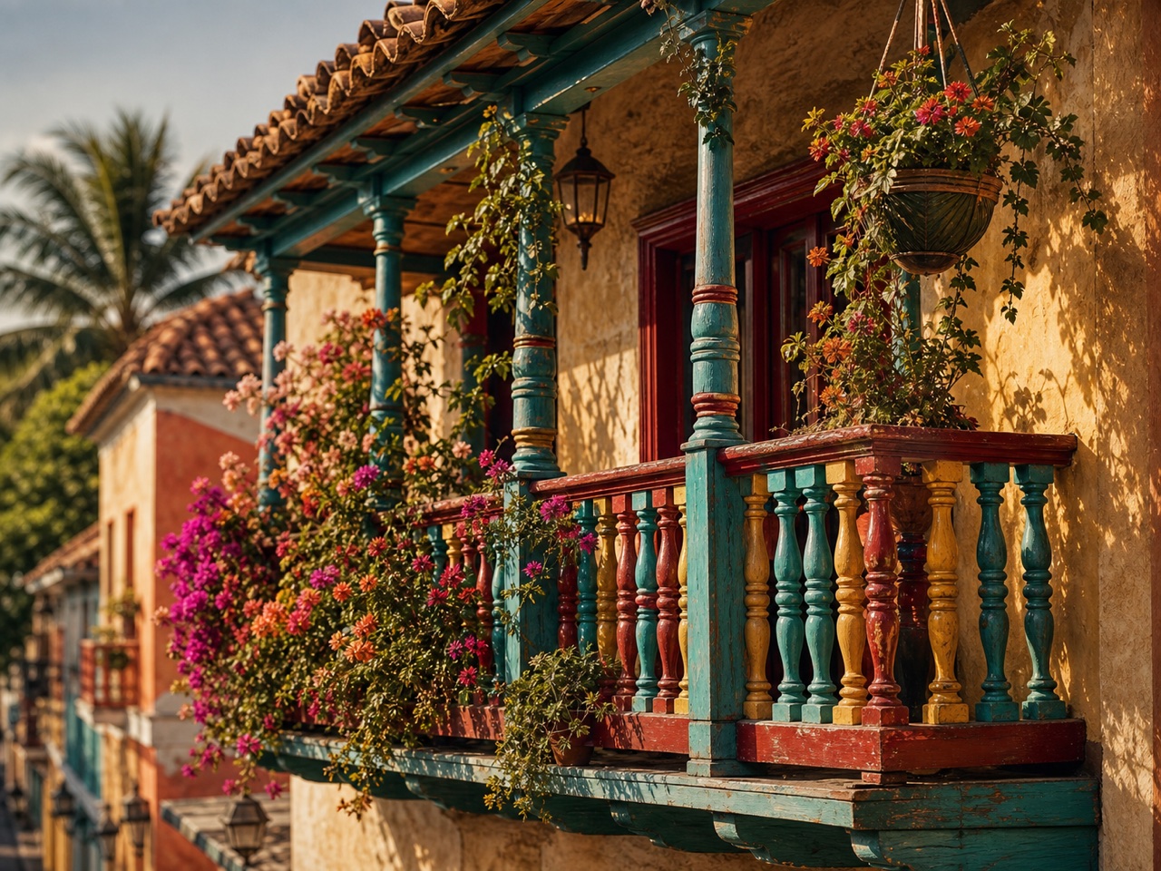 Colorful Colombian balcony with flowers