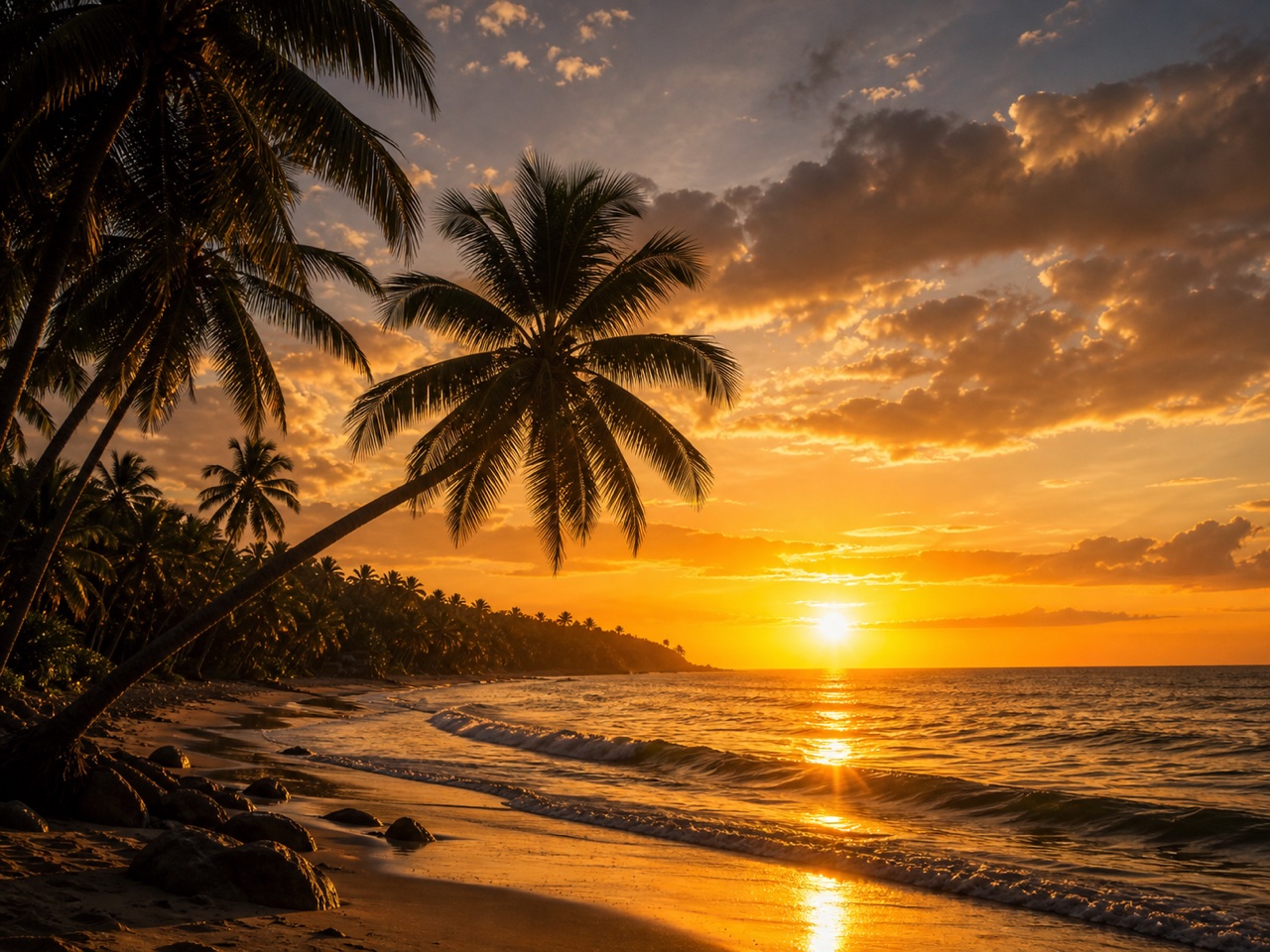 Jamaican beach sunset with palms