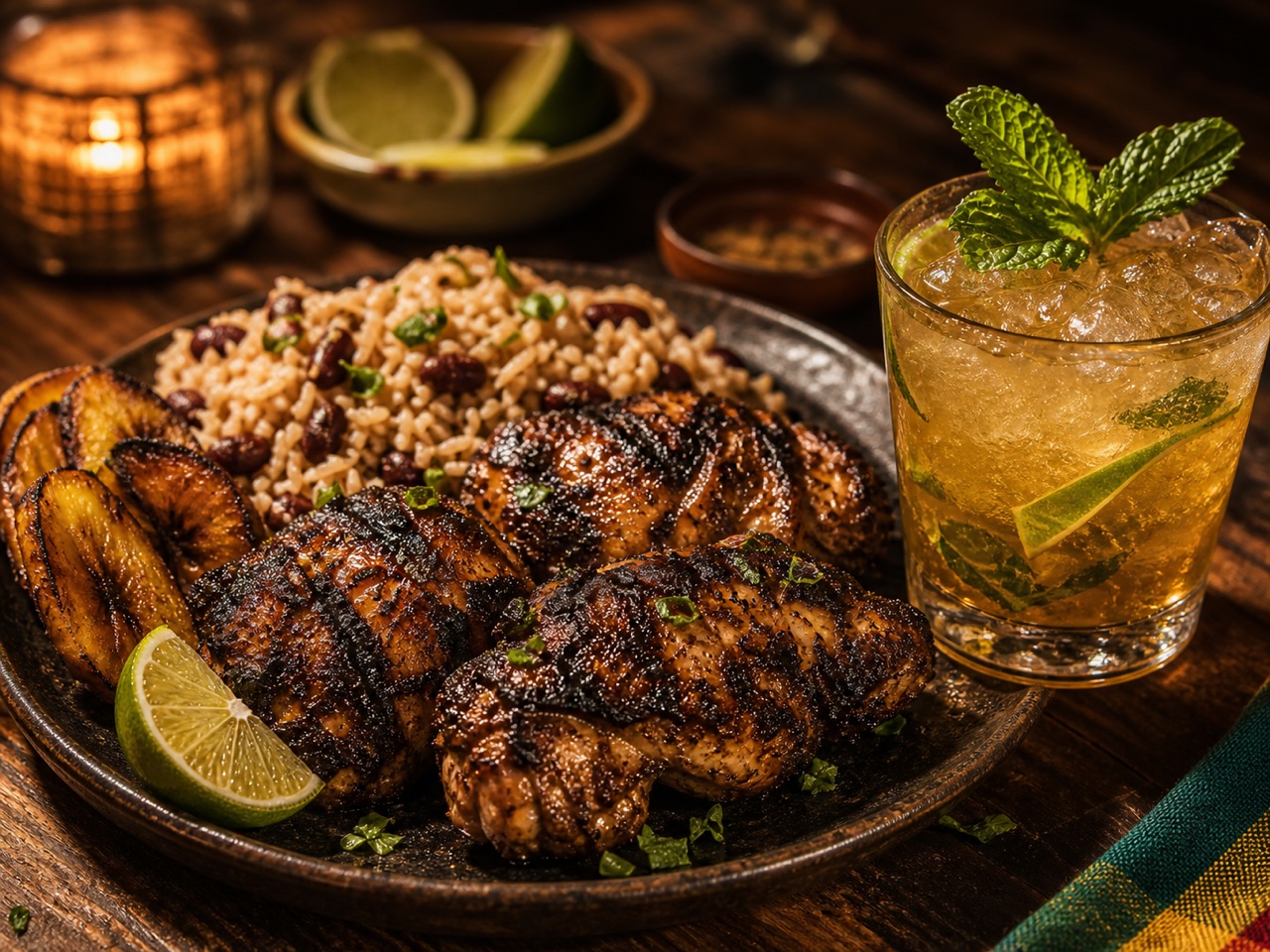 Jerk chicken and rum cocktail on a warm table