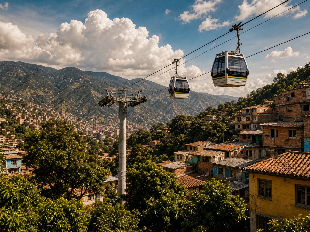 Medellin cable cars crossing a mountain neighborhood